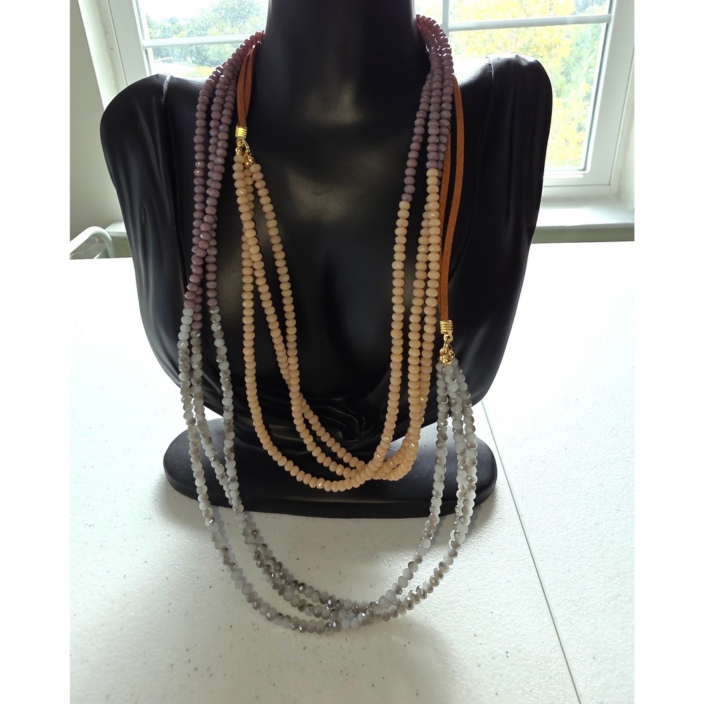 Marlyn Schiff Multi Strand Beaded Necklace Suede Cord Gold Tone Lavender Grey